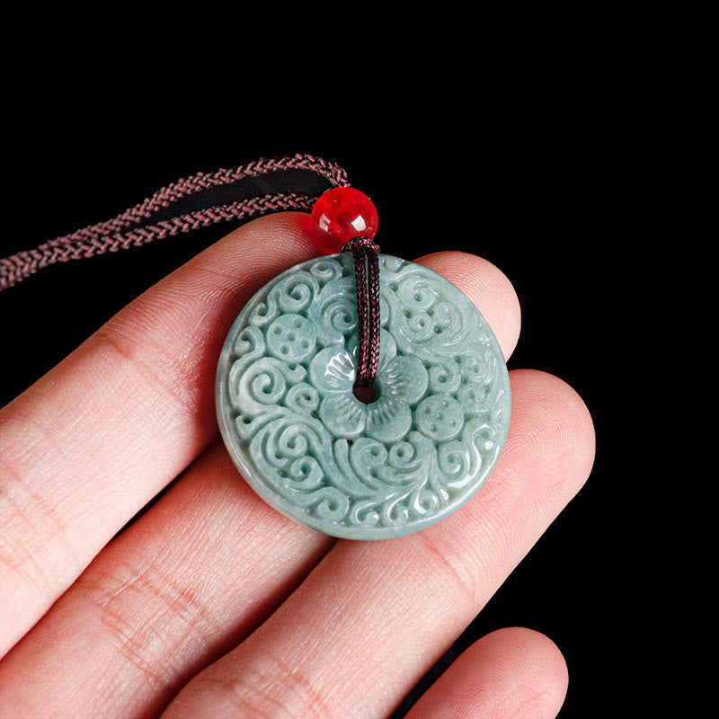 EverestArtstudios Green Jade Flower Carved Peace Buckle Abundance Necklace Pendant