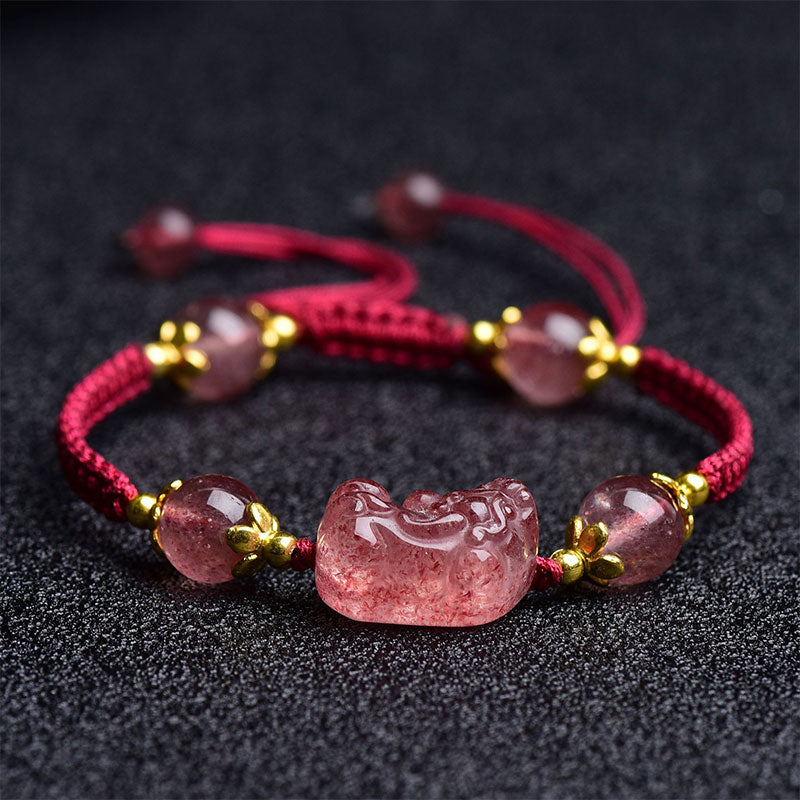 EverestArtstudios Natural Strawberry Crystal Pixiu Charm Lucky Red String Bracelet