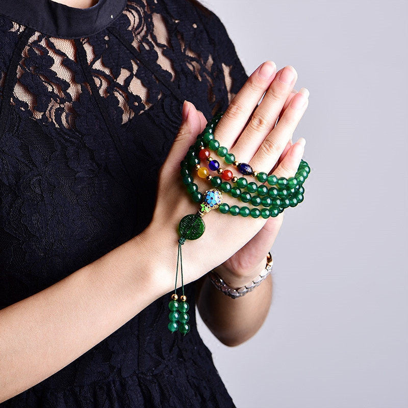 Buddha Stones 108 Mala Beads Natural Green Agate Power Support Bracelet