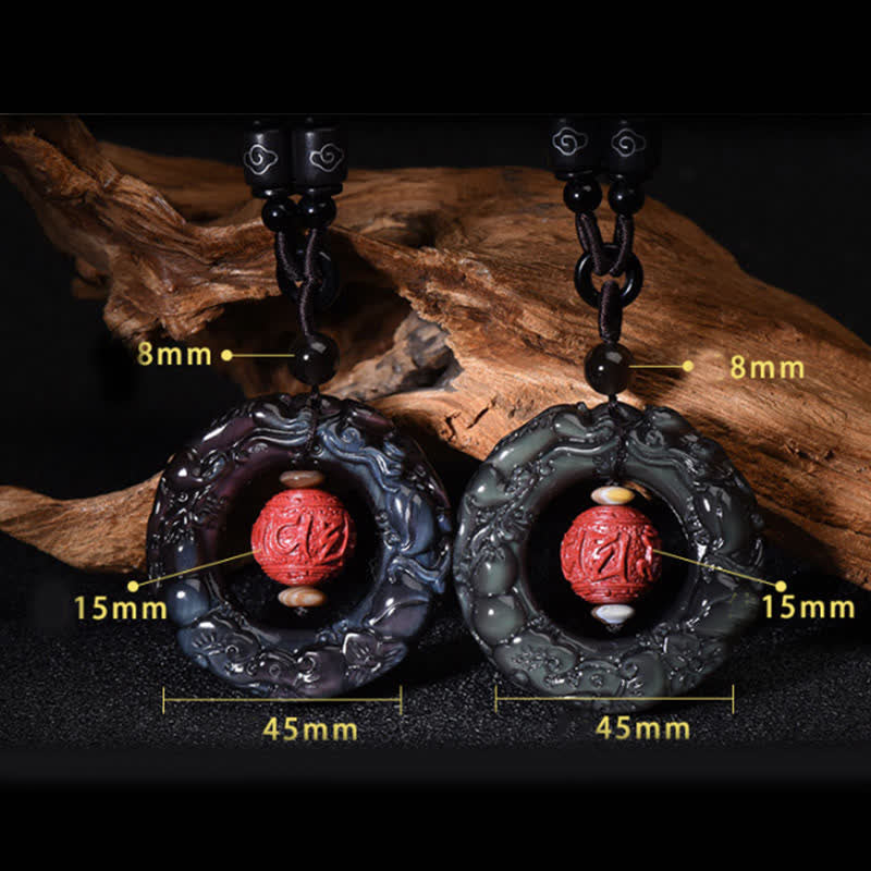 Buddha Stones FengShui Natural Rainbow Obsidian PiXiu Cinnabar Healing Necklace Pendant