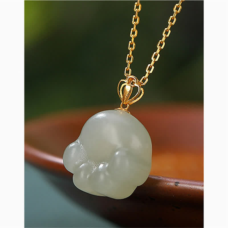 EverestArtstudios 925 Sterling Silver Hetian White Jade Cute Cat Paw Luck Necklace Pendant