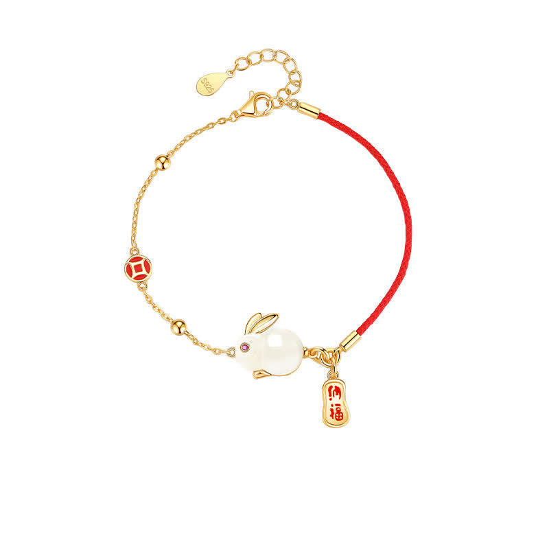 EverestArtstudios Year of the Rabbit White Jade Happiness Red String Chain Bracelet
