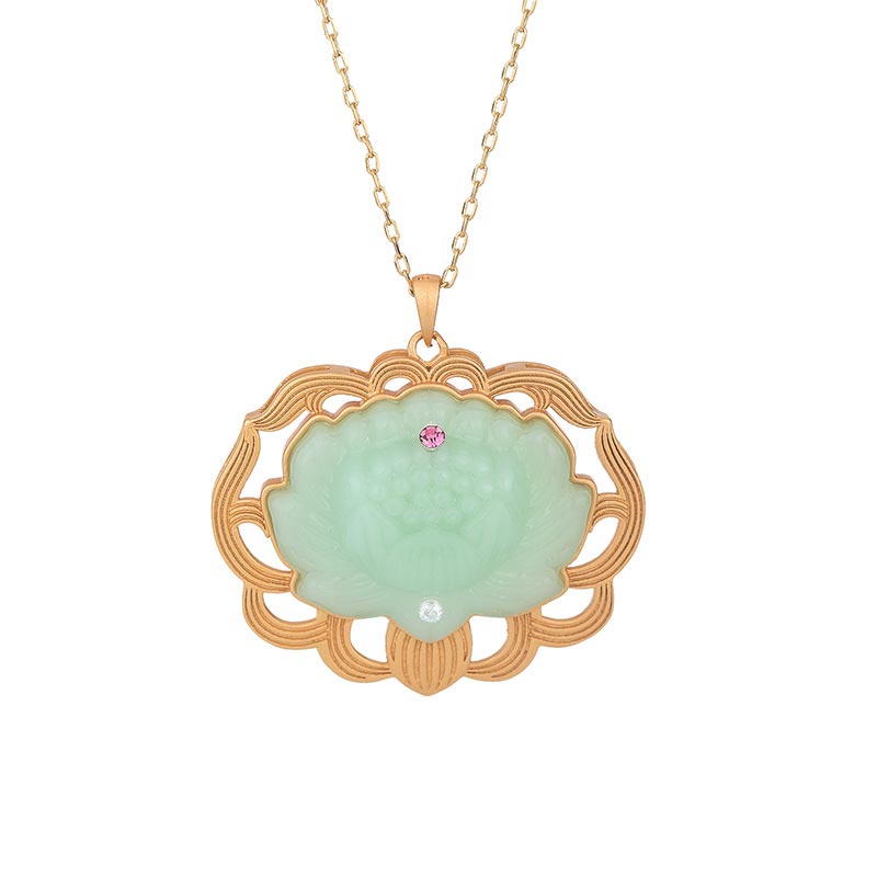 Buddha Stones Natural Jade Lotus Harmony Necklace Pendant