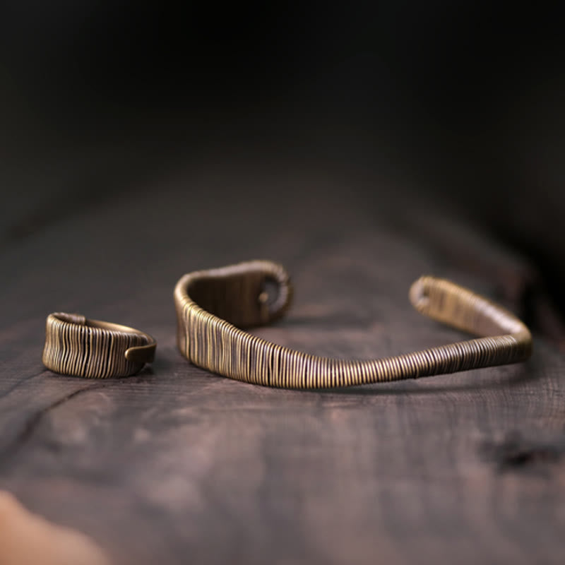 Buddha Stones Simple Design Wrapped Brass Copper Luck Wealth Adjustable Cuff Bracelet