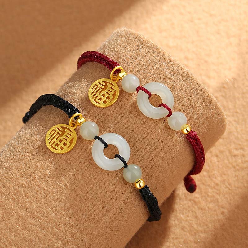 EverestArtstudios 925 Sterling Silver Hetian Jade Peace Buckle Fu Character Charm Abundance Bracelet