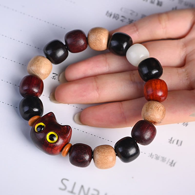 EverestArtStudios Small Leaf Red Sandalwood Ebony Wood Cute Cat Engraved Protection Bracelet