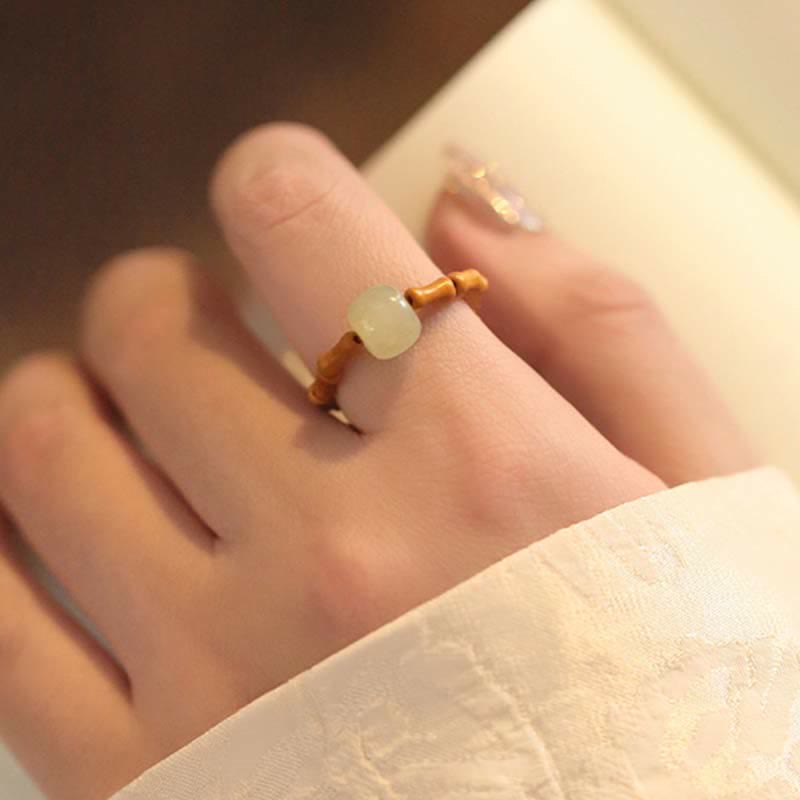 Buddha Stones Hetian Jade Beaded Bamboo Prosperity Luck Ring