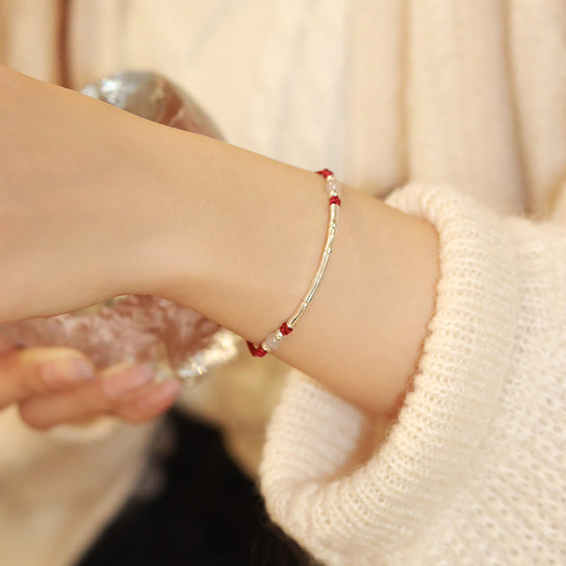 EverestArtstudios 925 Sterling Silver Bamboo White Agate Red Agate Bead Protection String Braided Bracelet