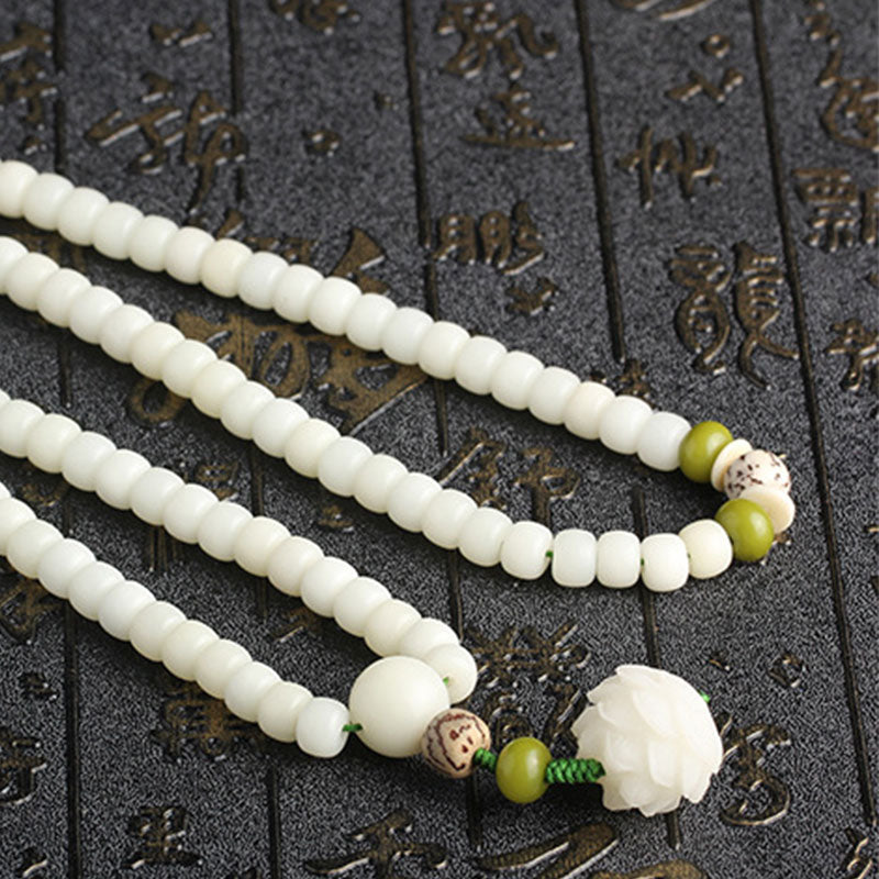 EverestArtStudios 108 Beads White Jade Bodhi Lotus Mala Harmony Necklace Bracelet