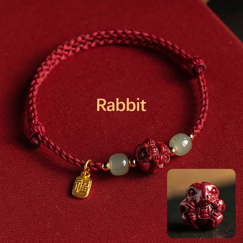 EverestArtstudios Natural Cinnabar Chinese Zodiac Hetian Jade Fu Character Luck Rope Bracelet