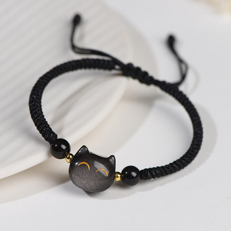 EverestArtstudios Handmade Natural Silver Sheen Obsidian Strawberry Quartz Cute Cat Protection Braided Bracelet