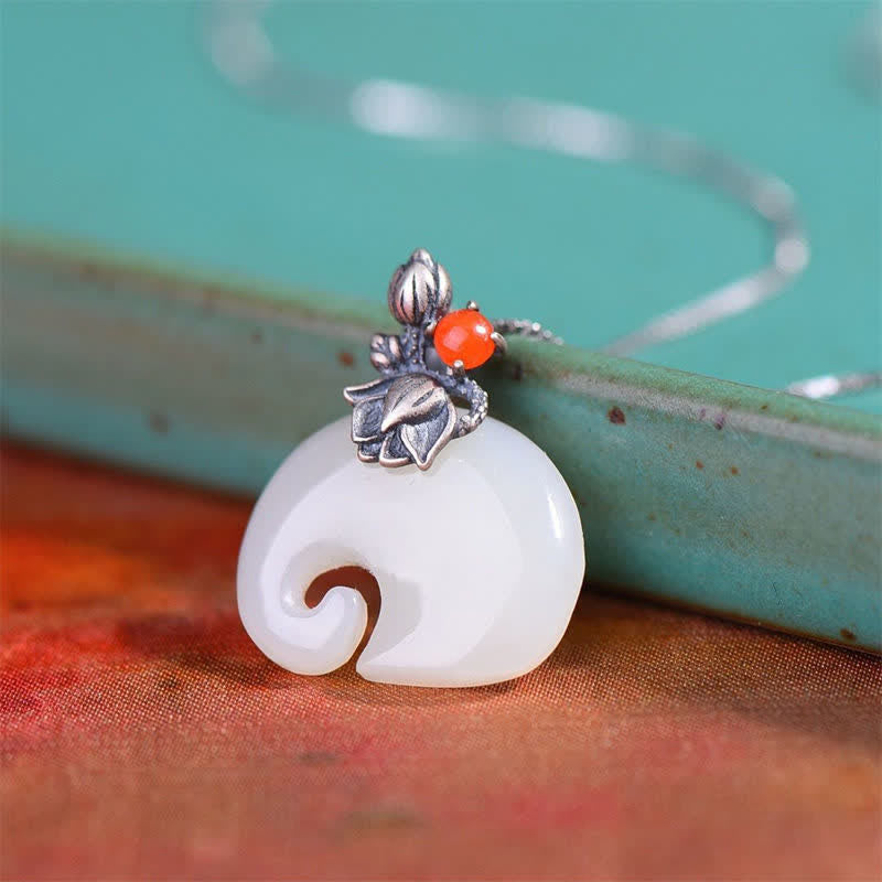 Buddha Stones White Jade Elephant Lotus Protection Necklace Pendant