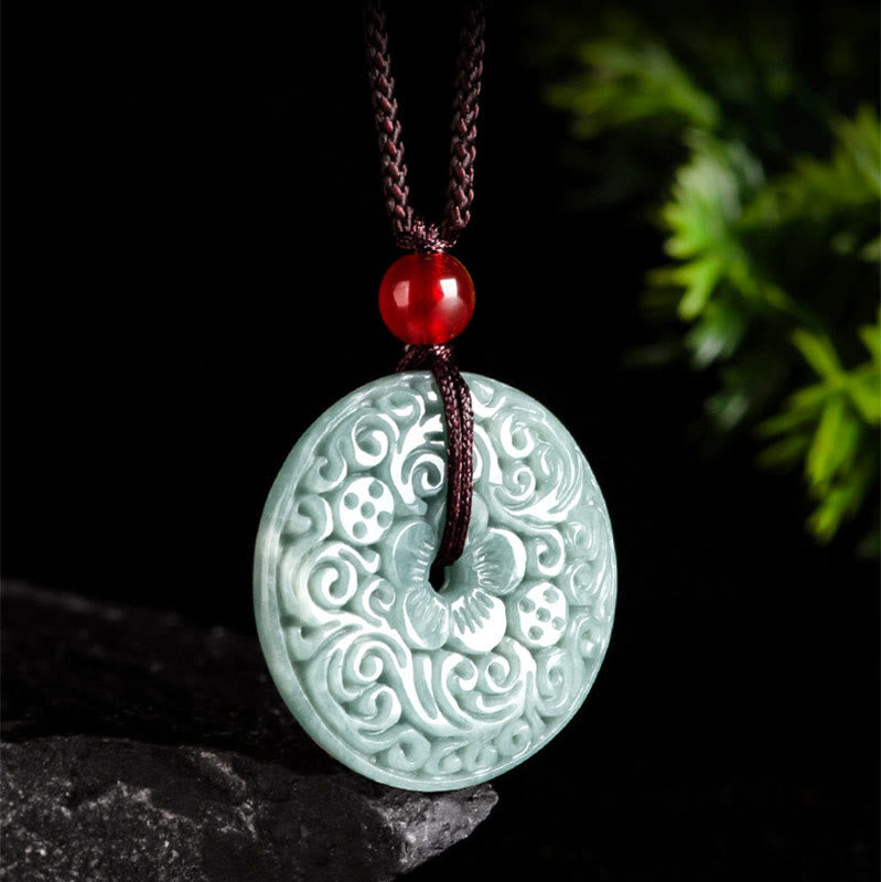 EverestArtstudios Green Jade Flower Carved Peace Buckle Abundance Necklace Pendant
