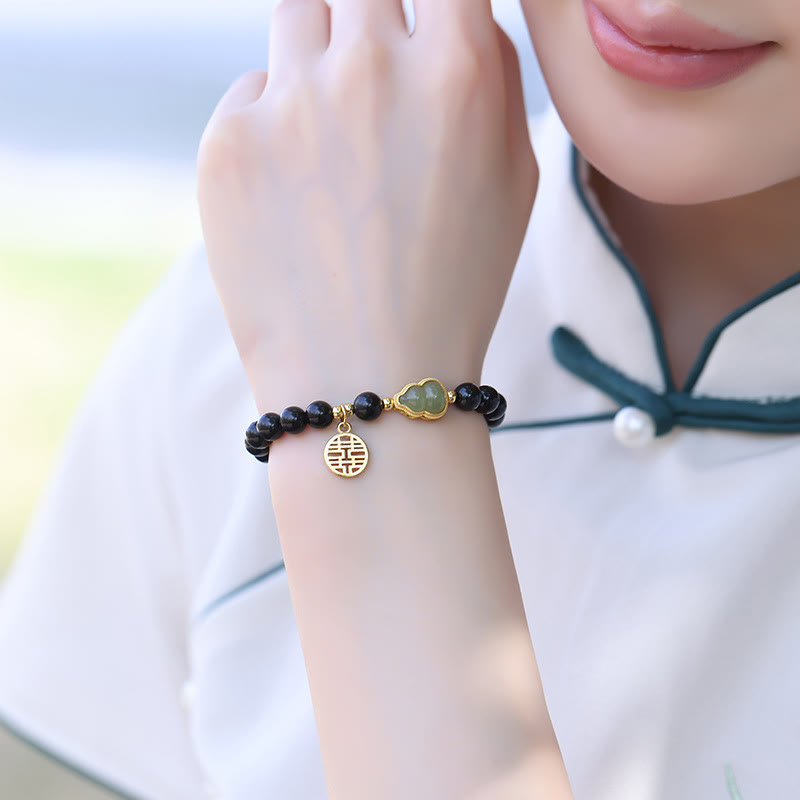 Buddha Stones Natural Black Obsidian Hetian Jade Gourd Double Happiness Strength Bracelet