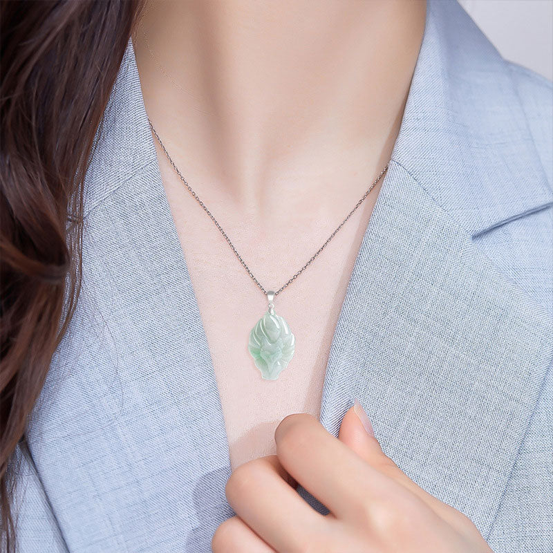 Buddha Stones Natural Jade Nine Tailed Fox Prosperity Titanium Steel Chain Necklace Pendant