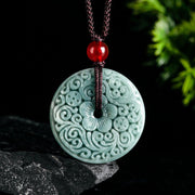 EverestArtstudios Green Jade Flower Carved Peace Buckle Abundance Necklace Pendant