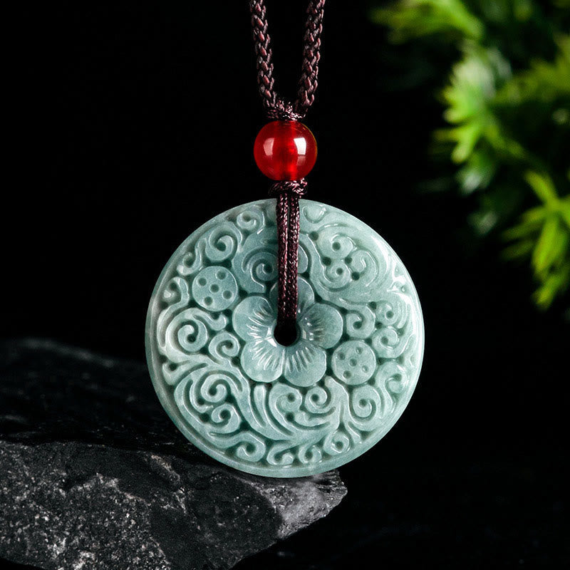 EverestArtstudios Green Jade Flower Carved Peace Buckle Abundance Necklace Pendant