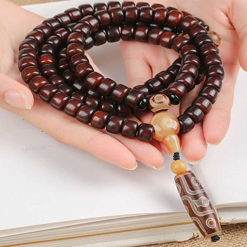 EverestArtstudios 108 Mala Beads Three-eyed Dzi Bead Nine-eye Dzi Bead Jade Luck Bracelet