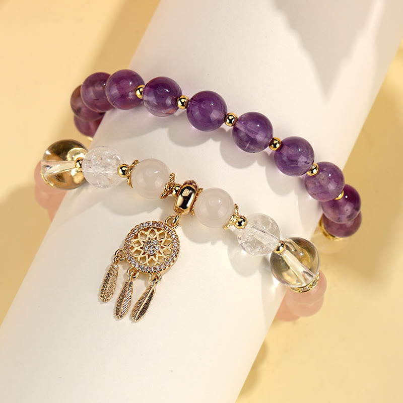 EverestArtstudios Green Strawberry Quartz Amethyst Crystal Dreamcatcher Healing Bracelet
