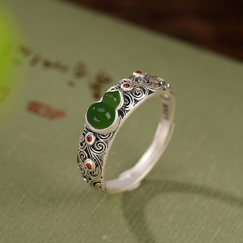 EverestArtstudios 925 Sterling Silver Red Agate Cyan Jade Gourd Blessing Auspicious Ring