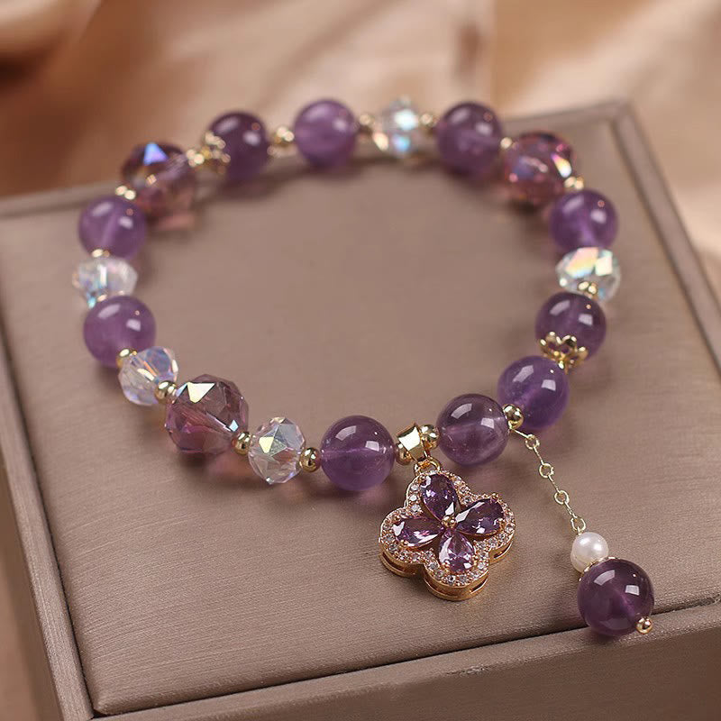 Buddha Stones "All the best for Calm and Wisdom" Amethyst Flower Bracelet Includes Gift Message Card