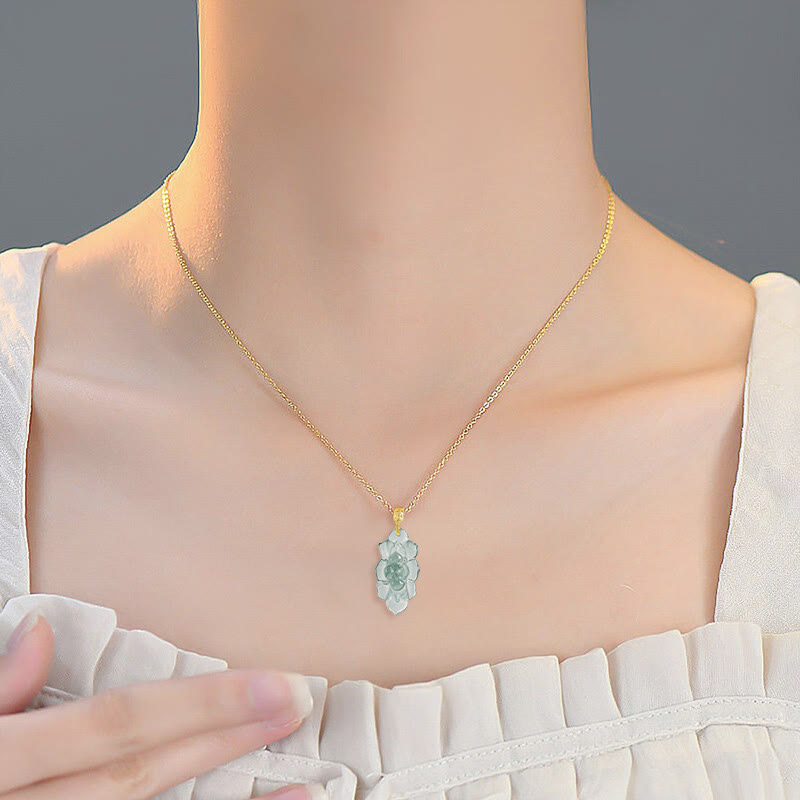 Buddha Stones Natural Jade Lotus Pattern Prosperity Titanium Steel Chain Necklace Pendant