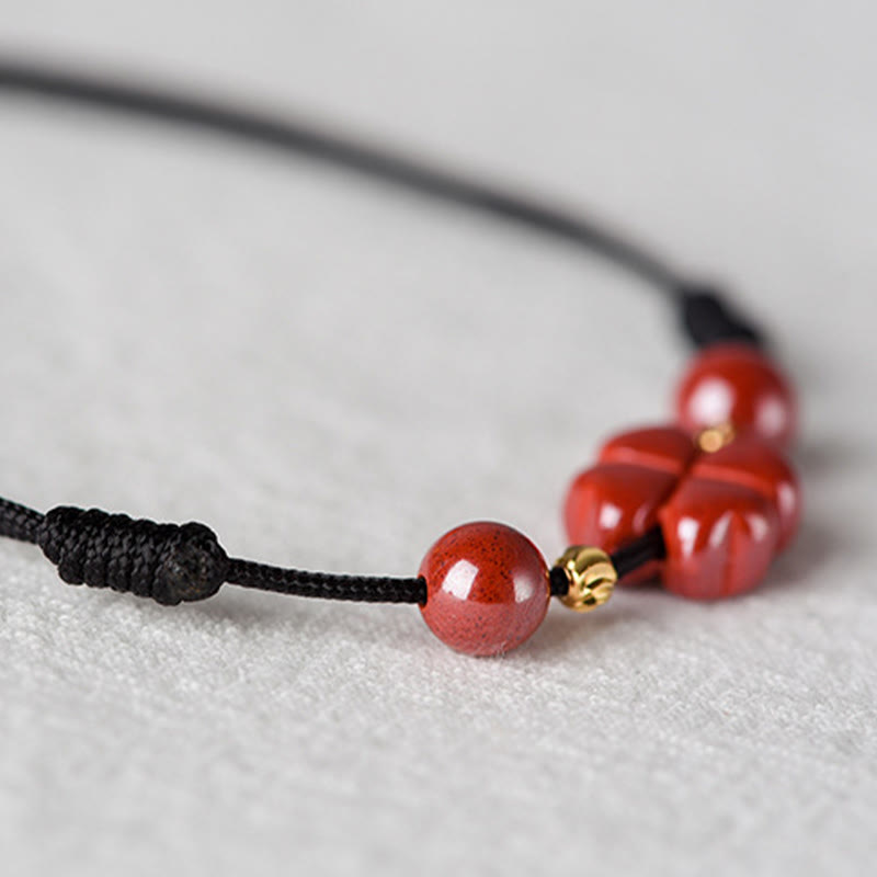 EverestArtstudios Four Leaf Clover Cinnabar Blessing Calm String Bracelet Anklet