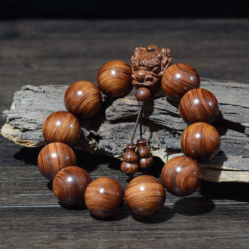 EverestArtStudios Rosewood Green Sandalwood Small Leaf Red Sandalwood Dragon Carved Protection Bracelet