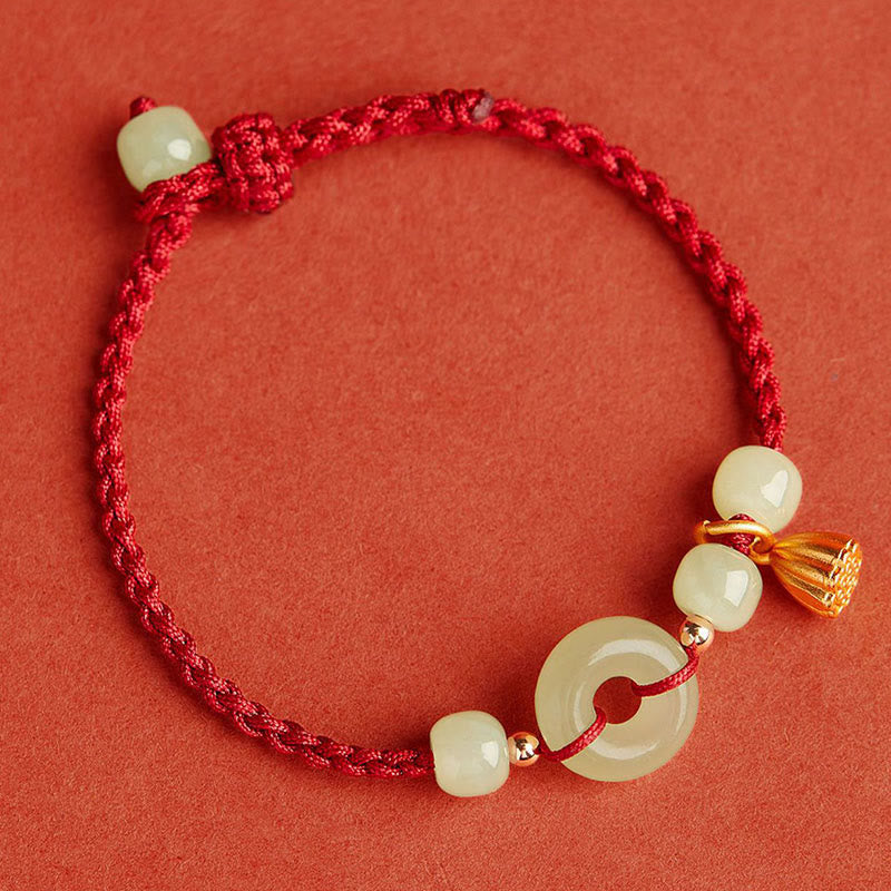 EverestArtstudios Round Peace Buckle Jade Lotus Happiness Abundance Wealth String Bracelet