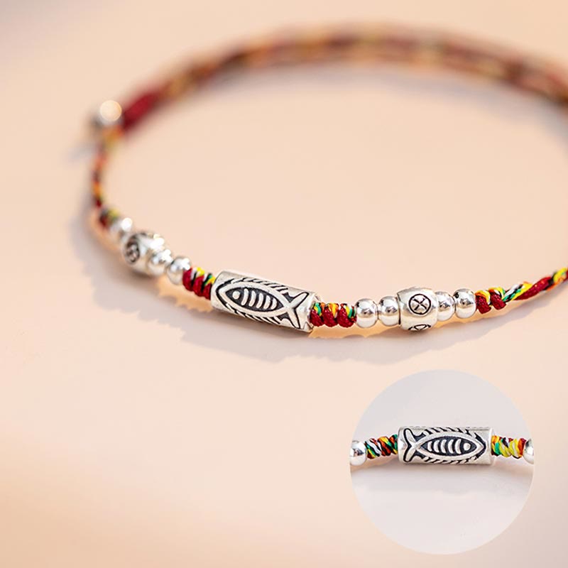 EverestArtstudios 925 Sterling Silver Luck Koi Fish Braided Colorful String Bracelet Anklet