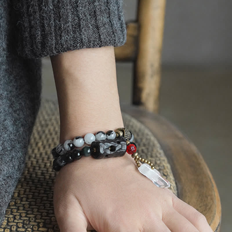 Buddha Stones Black Rutilated Quartz Ebony Wood White Crystal Success Couple Bracelet