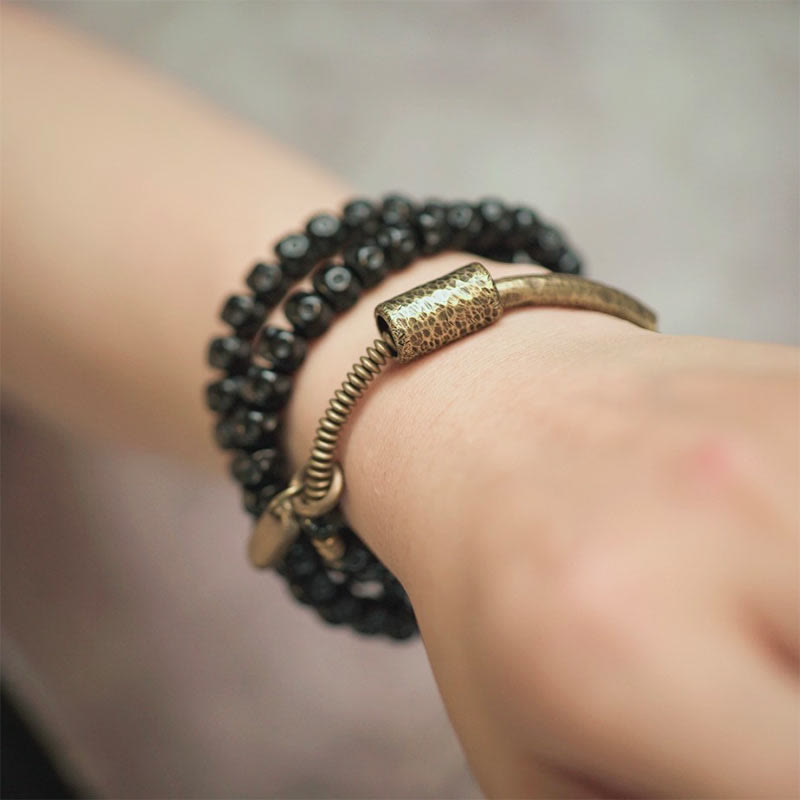 Buddha Stones Retro Coconut Shell Brass Copper Happiness Triple Wrap Bracelet