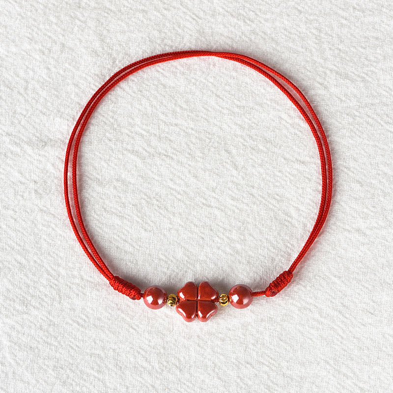 EverestArtstudios Four Leaf Clover Cinnabar Blessing Calm String Bracelet Anklet