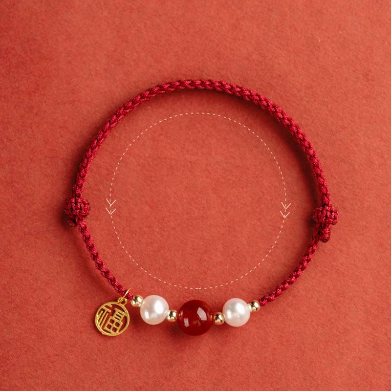 EverestArtstudios 925 Sterling Silver Good Fortune Fu Character Agate Pearl Red String Braid Bracelet