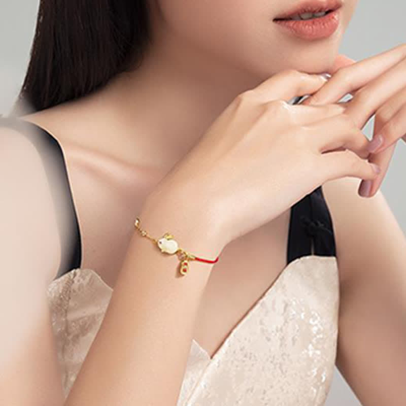 EverestArtstudios Year of the Rabbit White Jade Happiness Red String Chain Bracelet