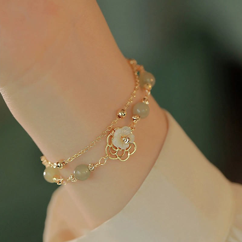 EverestArtStudios 14K Gold Plated Jade Butterfly Tridacna Stone Flower Double Layer Luck Bracelet