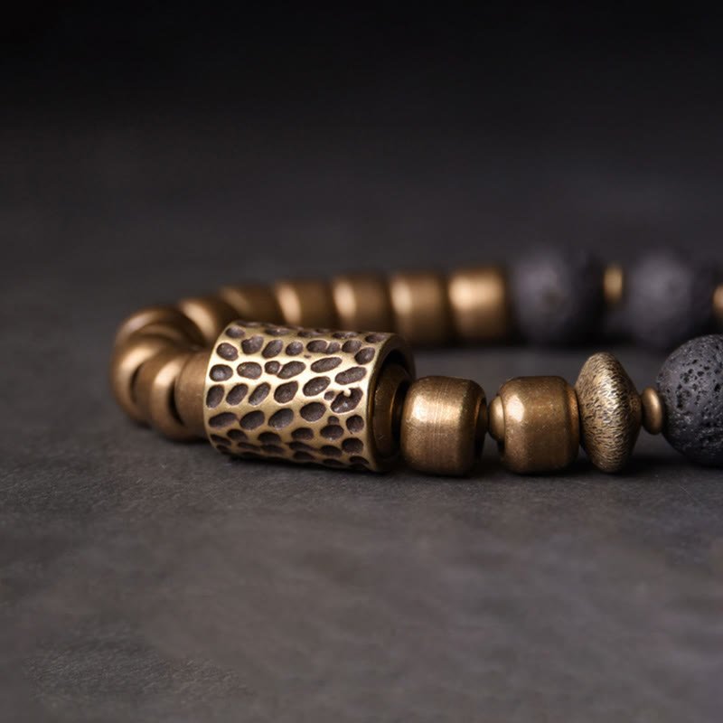 Buddha Stones Lava Rock Stone Rainbow Obsidian Brass Support Healing Bracelet