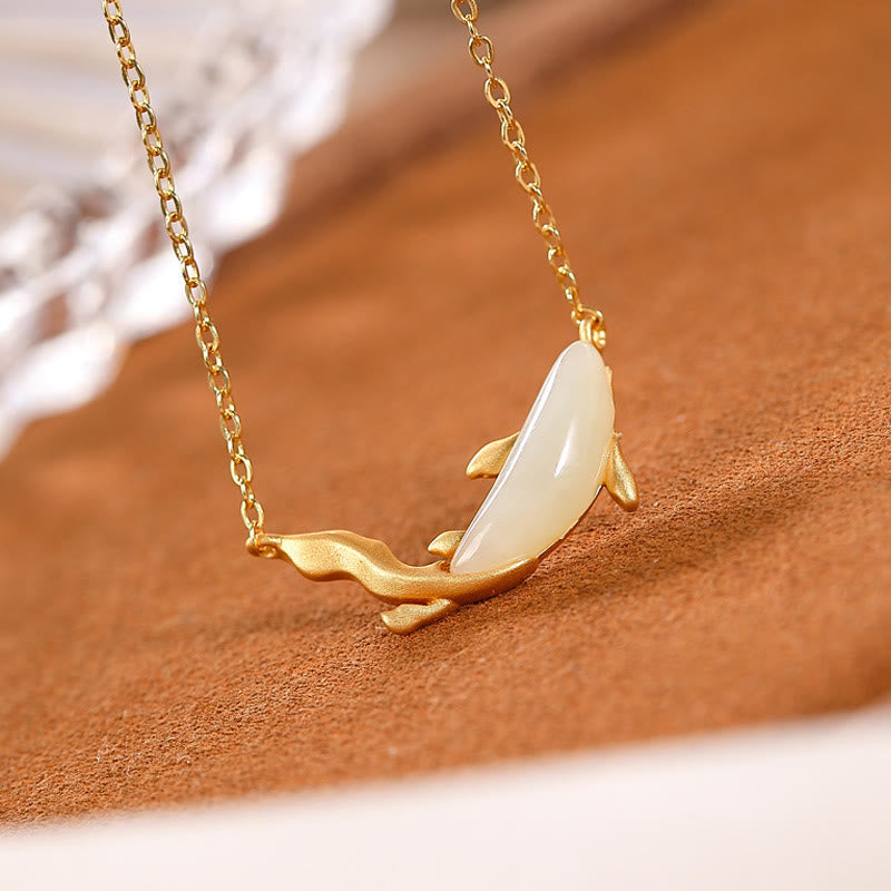 EverestArtstudios 925 Sterling Silver White Jade Dolphin Luck Necklace Pendant
