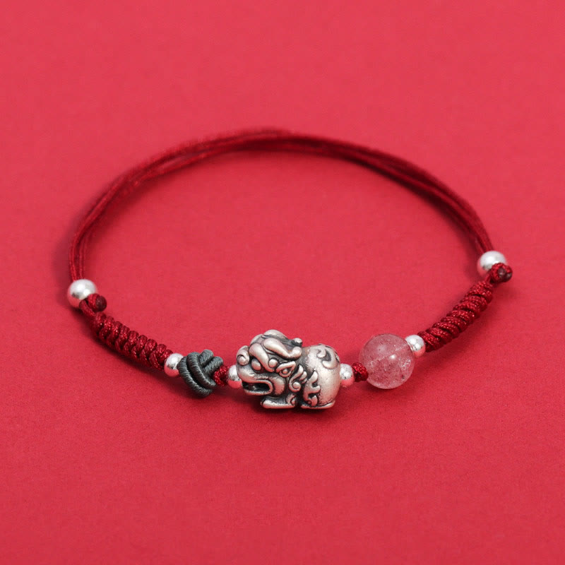 EverestArtstudios 999 Sterling Silver PiXiu Strawberry Quartz Bead Wealth Luck Braided Bracelet