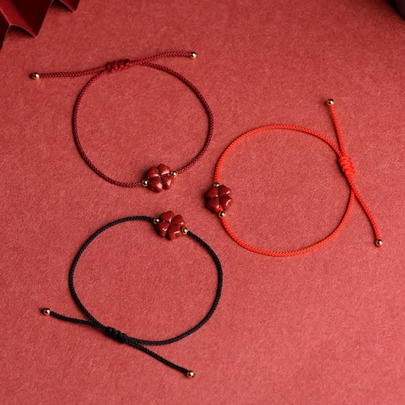 EverestArtStudios Natural Cinnabar Four Leaf Clover Blessing Red String Bracelet Anklet