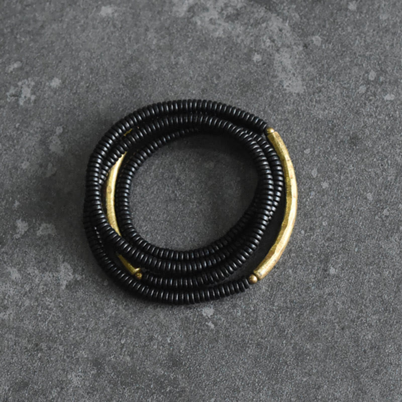 Buddha Stones Ebony Wood Brass Copper Balance Multilayered Bracelet