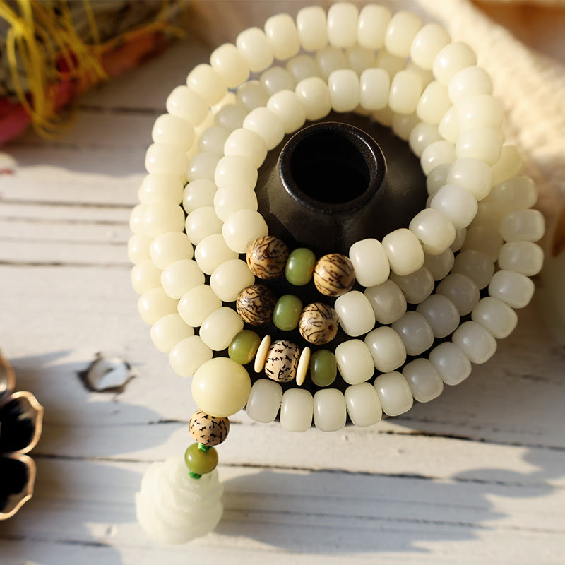 EverestArtStudios 108 Beads White Jade Bodhi Lotus Mala Harmony Necklace Bracelet