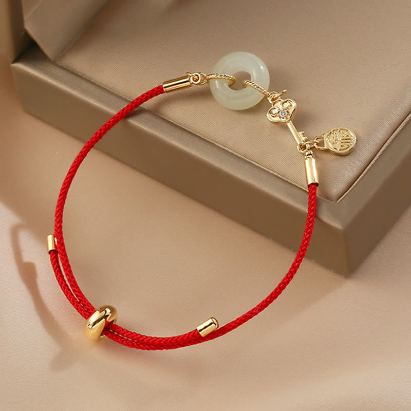EverestArtstudios 18K Gold Plated Hetian Jade Peace Buckle Fu Character Luck Red Rope Bracelet