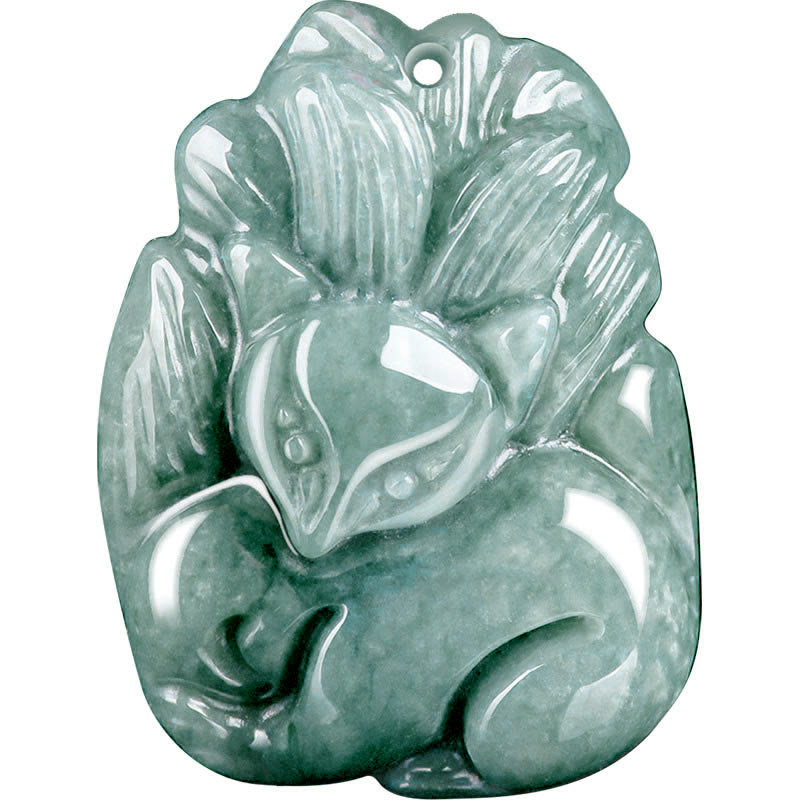 EverestArtstudios Natural Green Jade Nine Tailed Fox Engraved Prosperity Necklace Pendant