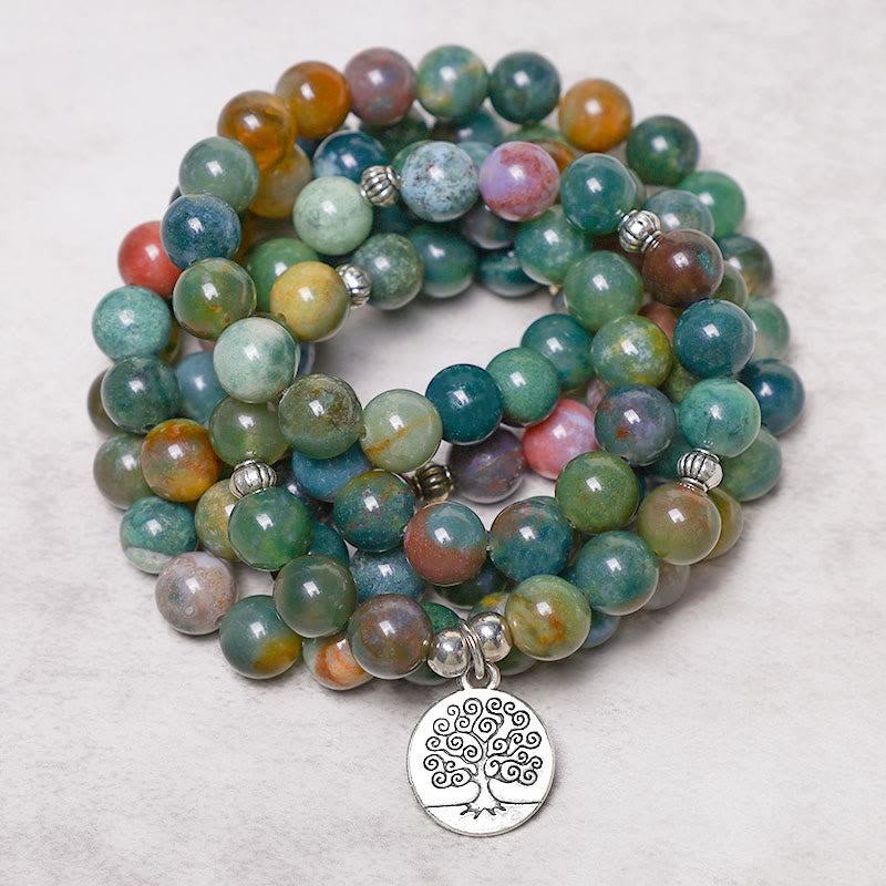 Buddha Stones 108 Mala Beads Indian Agate Lotus OM Tree of life Positive Calm Bracelet