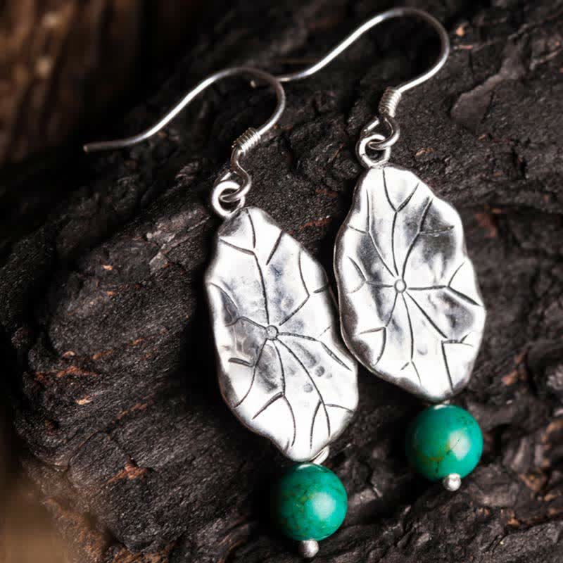 EverestArtStudios 925 Sterling Silver Turquoise Lotus Leaf Protection Drop Dangle Earrings
