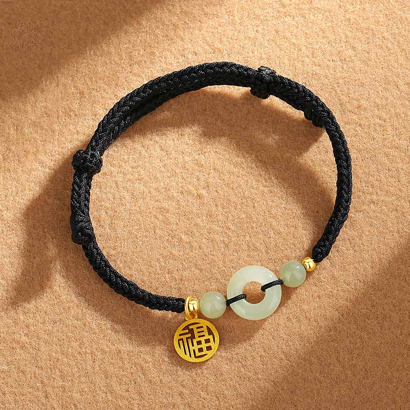 EverestArtstudios 925 Sterling Silver Hetian Jade Peace Buckle Fu Character Charm Abundance Bracelet