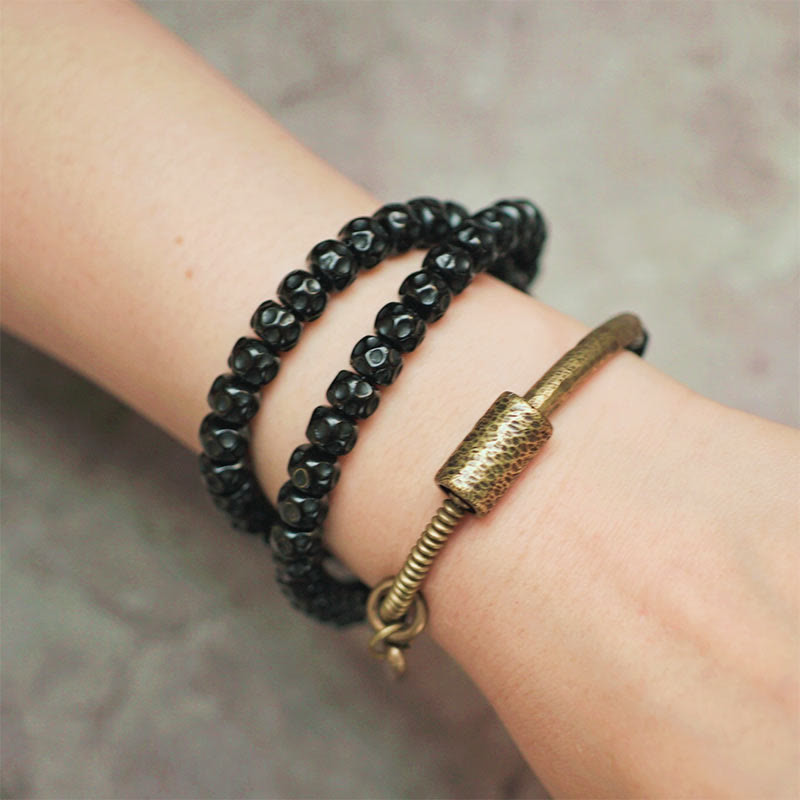 Buddha Stones Retro Coconut Shell Brass Copper Happiness Triple Wrap Bracelet