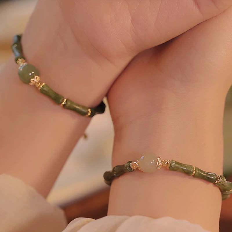 EverestArtStudios 14K Copper Plated Peridot Hetian Jade Bamboo Pattern Luck Bracelet