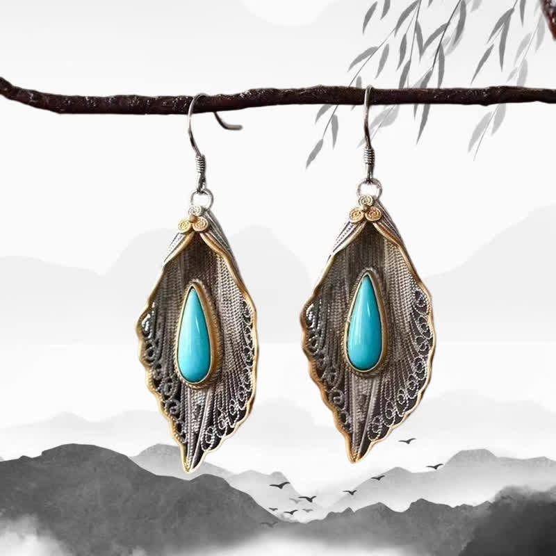 EverestArtStudios 925 Sterling Silver Turquoise Bodhi Leaf Pattern Protection Drop Dangle Earrings